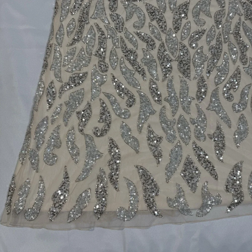 Mac Duggal Nude Silver Illusion Sheer Cap Sleeve Bead Sequin Belted Modest 5532 - Picture 9 of 16